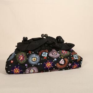 Black and Colorful Embellished and Embroidered Beaded Kiss Lock Shoulder Purse